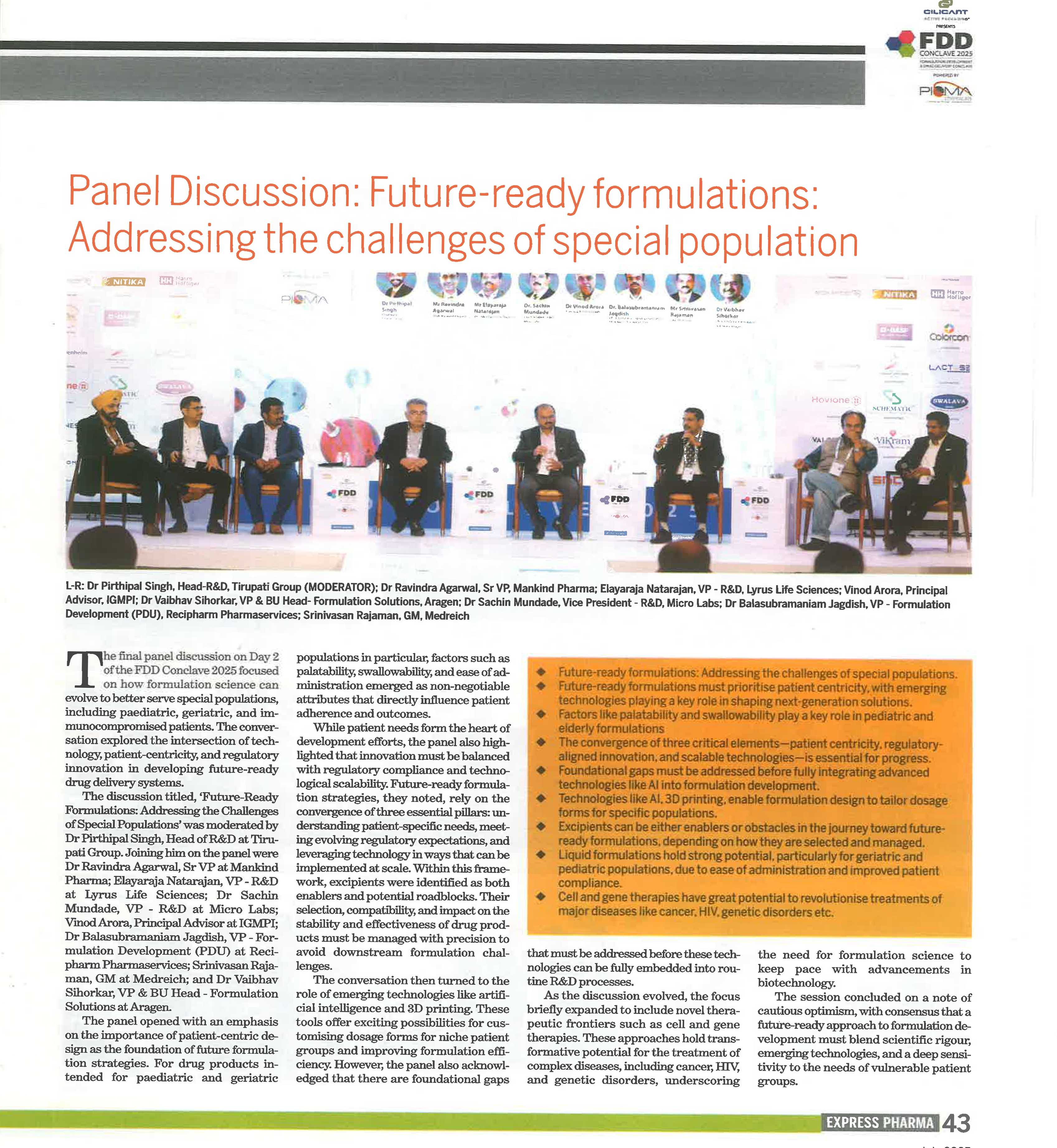 Shri Vinod Arora, Principal Advisor, IGMPI moderating FDD Conclave 2025 on 13-14 June, 2025 at Le Meridien Hyderabad on Beyond pills: Deep diving into revolutions in drug delivery