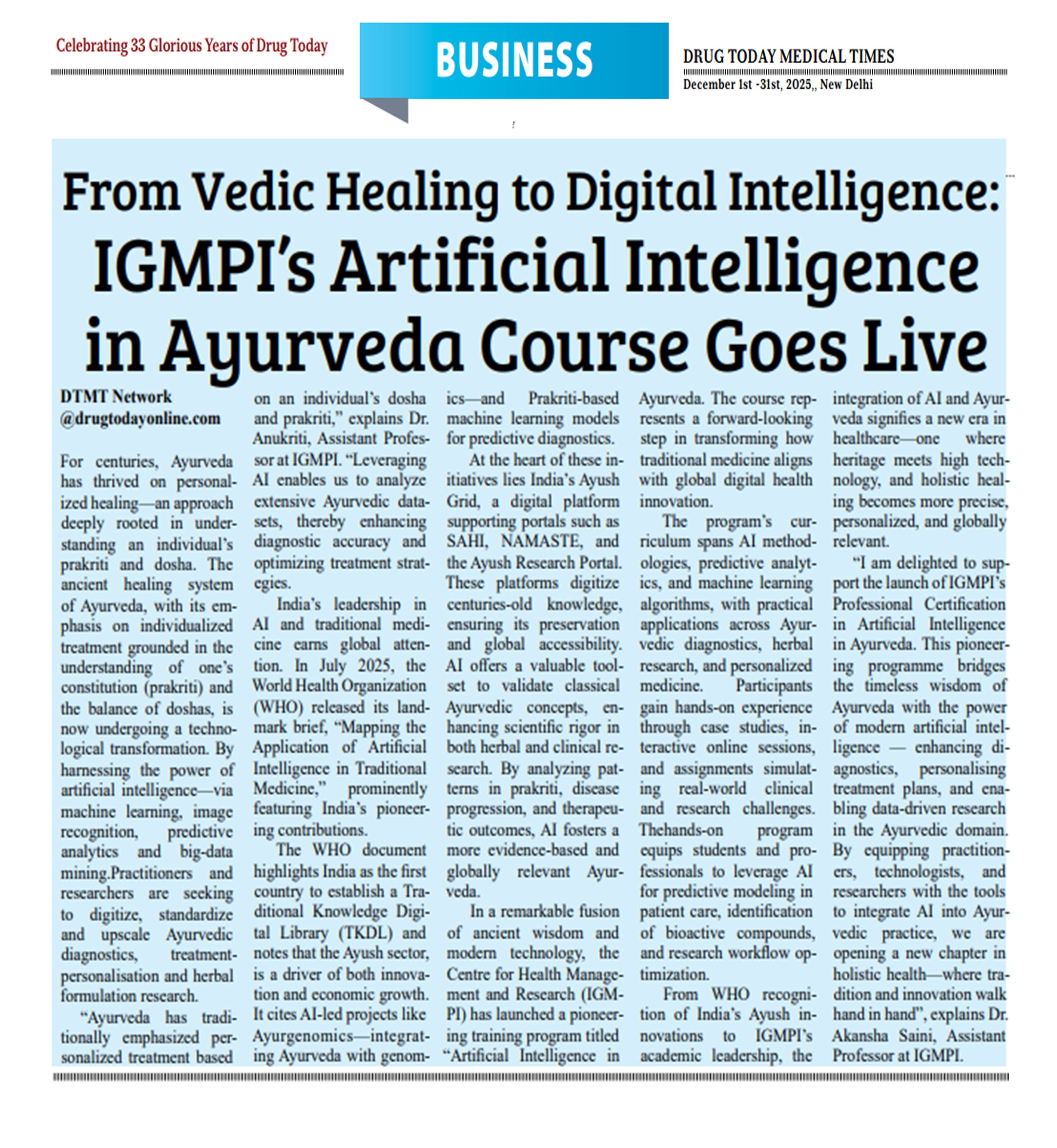 From Vedic Healing to Digital Intelligence: IGMPI's Artificial Intelligence in Ayurveda Course Goes Live 